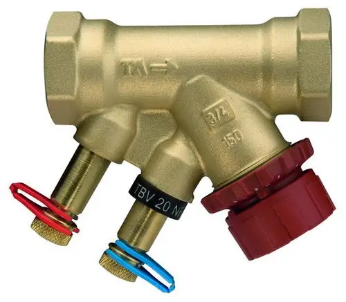 Kompaktregulierventil aus Messing mit zwei Anschlussgewinden und roter sowie blauer Sicherungsabdeckung. Hersteller IMI Hydronic Engineering.